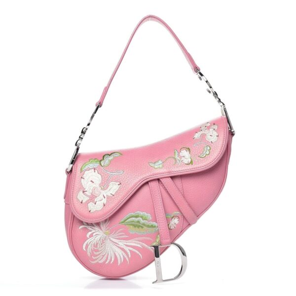 Authentic Christian Dior Pink Calfskin Embroidered Floral Romantic Saddle Bag Pre-Owned - Luxury Pre-Owned Designer Bag